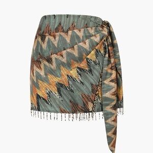Micas Geometric Tassel Sarong Mini Skirt with Beads – Green Print – Size XL